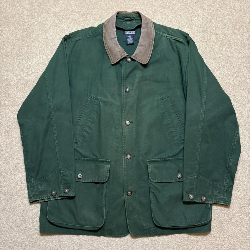 Vtg Lands' End Coat Mens XL Green Canvas Field Barn Chore Jacket Leather Collar